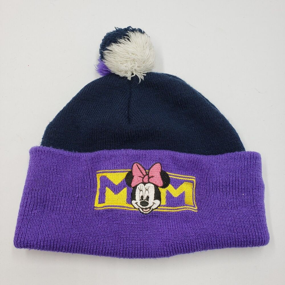 Vintage Disney Mickey Unlimited Minnie Mouse MOM Beanie Hat Purple Navy Knit Pom - Picture 8 of 11